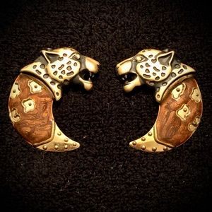 Vintage Bronze Brass Brown Enamel Cheetah Leopard Earrings